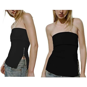 LOFAAC Women Sexy Strapless Zipper Split Side Knit Bandeau Top Y2K