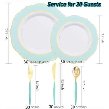 WDF 30-Guest Mint Green Plastic Plates & Gold Silverware Set - Perfect for Upscale Celebrations