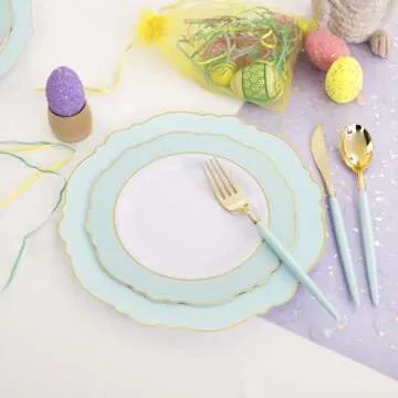 WDF Mint Green Plastic Plates & Gold Silverware Set