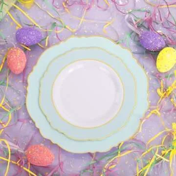 WDF Mint Green Plastic Plates & Gold Silverware Set