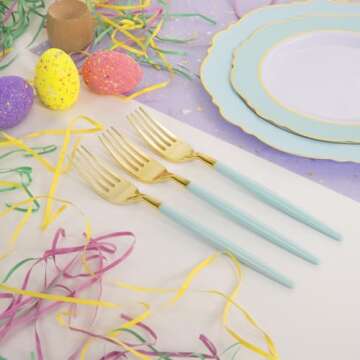 WDF Mint Green Plastic Plates & Gold Silverware Set