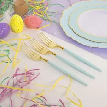 WDF Mint Green Plastic Plates & Gold Silverware Set