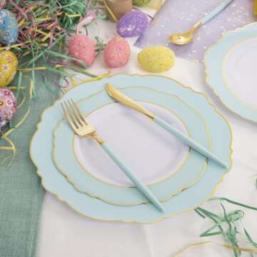 WDF Mint Green Plastic Plates & Gold Silverware Set