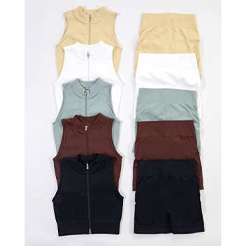 Danysu Two Piece Outfits for Women Workout Sets Zip Ribbed Crop Top High Waisted Butt Lift Shorts Gym Clothes Summer Hot Chocolate S