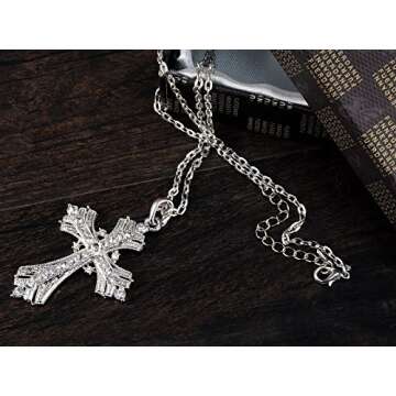 Alilang Silvery Tone Religious Cross Pendant Necklace Clear Crystal Rhinestones,Silver Clear