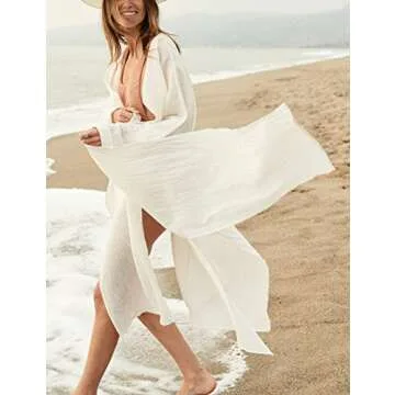 Bsubseach White Long Sleeve Beach Cover Ups for Women Side Split Bikini Kimono Swimsuit Cover Up Swimwear with Belt