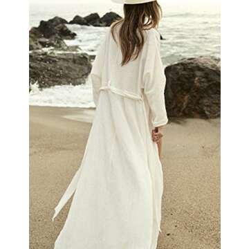 Bsubseach White Long Sleeve Beach Cover Ups for Women Side Split Bikini Kimono Swimsuit Cover Up Swimwear with Belt