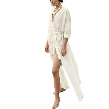 Bsubseach White Long Sleeve Beach Cover Ups for Women Side Split Bikini Kimono Swimsuit Cover Up Swimwear with Belt