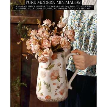 Vintage Fruit and Floral Ceramic Vase with Handle, Retro Ice Glazed Crack Farmhouse Pitcher Vase for Home Decor, Living Room, Shelf, Office, Rustic Table Centerpiece 9 Inch