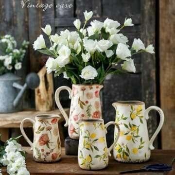 Vintage Fruit and Floral Ceramic Vase with Handle, Retro Ice Glazed Crack Farmhouse Pitcher Vase for Home Decor, Living Room, Shelf, Office, Rustic Table Centerpiece 9 Inch