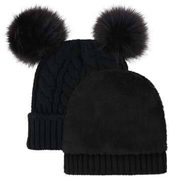 Arctic Paw Pom Pom Beanie Cable Knit Fleece Lined Winter Beanie Women Hat Black Beanie Women
