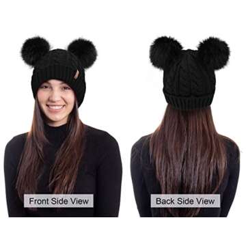 Arctic Paw Pom Pom Beanie Cable Knit Fleece Lined Winter Beanie Women Hat Black Beanie Women
