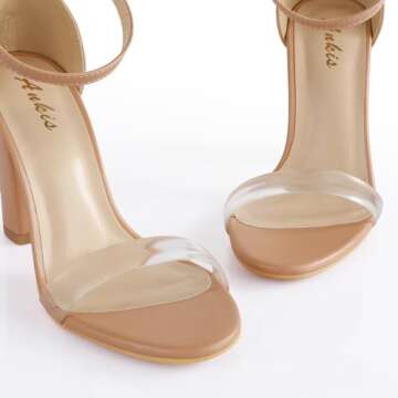 Ankis Nude Black Silver Clear Heels for Women Open Toe Ankle Strap Chunky Heel Pump Sandals Party Wedding Strappy Buckle Sandals Standard Size 4 Inches Tall Thick Heel Design