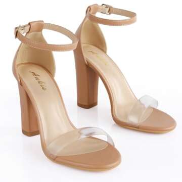 Ankis Nude Black Silver Clear Heels for Women Open Toe Ankle Strap Chunky Heel Pump Sandals Party Wedding Strappy Buckle Sandals Standard Size 4 Inches Tall Thick Heel Design