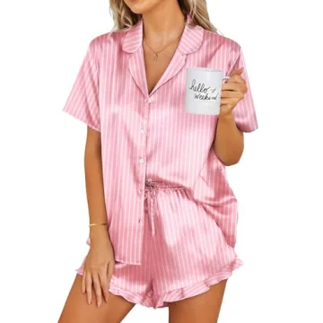 Ekouaer Silk Pajamas Womens Short Sleeve Sleepwear 2 Piece Satin Pjs Shorts Set Button Down Loungewe...