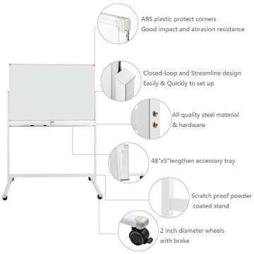 ShowMaven 48 x 32 Inches Mobile Whiteboard Freestanding,Double-Sided Magnetic White Board with Rolling Wheels, Standing Whiteboard，Aluminum Frame