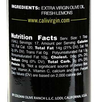 Calivirgin Lemon Olive Oil - Lemon Infused Extra Virgin Olive Oil - Cold Pressed Olive Oil - Lemon Flavored Olive Oil - No Preservatives - Gourmet Olive Oil from Organically Grown Olives - 250ml