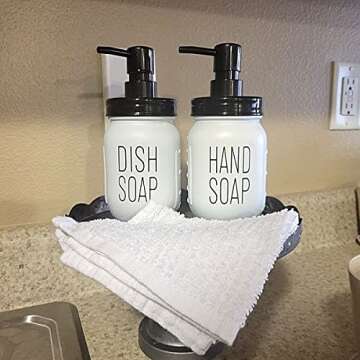 Elwiya Mason Jar Hand Soap Dispenser and Dish Soap Dispenser Set - 16 Ounce Glass Mason Jar with Plastic Pump and Lid - Rust Proof - Rustic Bathroom Accessories &Kitchen Home Decor - 2 Pack White
