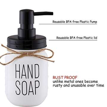 Elwiya Mason Jar Hand Soap Dispenser and Dish Soap Dispenser Set - 16 Ounce Glass Mason Jar with Plastic Pump and Lid - Rust Proof - Rustic Bathroom Accessories &Kitchen Home Decor - 2 Pack White