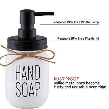 Elwiya Mason Jar Hand Soap Dispenser and Dish Soap Dispenser Set - 16 Ounce Glass Mason Jar with Plastic Pump and Lid - Rust Proof - Rustic Bathroom Accessories &Kitchen Home Decor - 2 Pack White