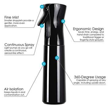 Houseables Mister Spray Bottles, Continuous Sprayer Bottle for Hair, 3 Pack, 12 oz, Misting, Black, 10", Ultra Fine, Solvent & BPA Free Clear Plastic, Pressurized Water, Pump, Stylist, Salon, Barber