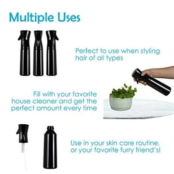 Houseables Mister Spray Bottles, Continuous Sprayer Bottle for Hair, 3 Pack, 12 oz, Misting, Black, 10", Ultra Fine, Solvent & BPA Free Clear Plastic, Pressurized Water, Pump, Stylist, Salon, Barber