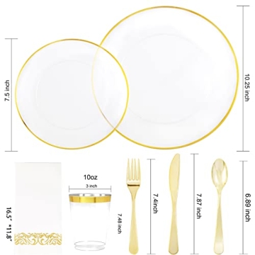 Elegant 210pcs Clear and Gold Plastic Plates Set