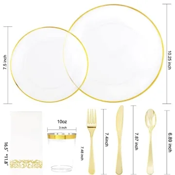 Elegant 210pcs Clear and Gold Plastic Plates Set