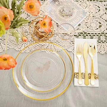 Elegant 210pcs Clear and Gold Plastic Plates Set
