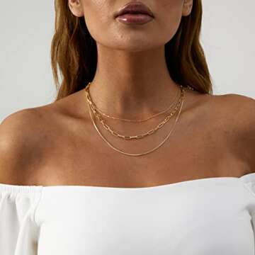 Tasiso 14K Gold Plated Layering Necklace Set Simple Triple Three Layered Box Paper Clip Chain Neckla...