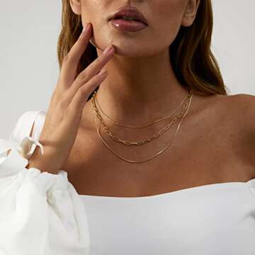 Tasiso 14K Gold Plated Layering Necklace Set Simple Triple Three Layered Box Paper Clip Chain Necklaces for Women Everyday Multi Strand Dainty Jewelry Gift
