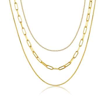 Tasiso 14K Gold Plated Layering Necklace Set Simple Triple Three Layered Box Paper Clip Chain Necklaces for Women Everyday Multi Strand Dainty Jewelry Gift