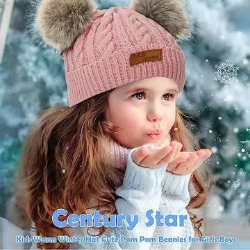 Century Star Baby Girl Hats Winter Cute Baby Beanies for Girls Boys Knit Baby Hats Warm Infant Toddler Hat Pom Pom Caps 1Pc White One Size