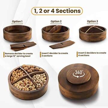 TIDITA 12" Acacia Wood Lazy Susan Organizer with 4 Dividers - Wooden Round Serving Turntable for Tab...