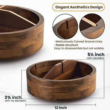 TIDITA 12" Acacia Wood Lazy Susan Organizer with 4 Dividers - Wooden Round Serving Turntable for Tabletop, Countertop - Kitchen Storage Tray Rotating Food Bin Container for Spices, Cabinet, Fridge