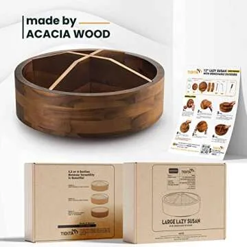 TIDITA 12" Acacia Wood Lazy Susan Organizer with 4 Dividers - Wooden Round Serving Turntable for Tabletop, Countertop - Kitchen Storage Tray Rotating Food Bin Container for Spices, Cabinet, Fridge
