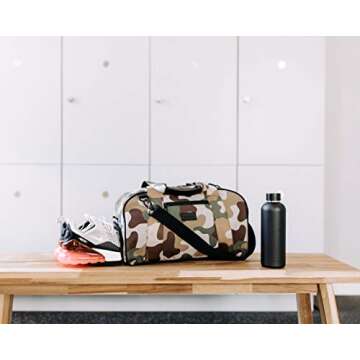 Vooray Burner Gym Duffel, Small Gym Bag with Shoe Pocket, 16" Compact Duffel Bag (Camo)