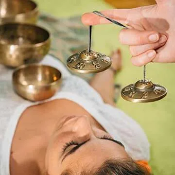 Boao Tibetan Tingsha Cymbals Meditation Chime Bells with Tibetan Drawstring Cloth Bag, 6.3 cm Meditation Chime Bells, for Percussion Instrument(Om Mane Padme Hum Symbols Embossed)