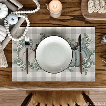 Artoid Mode Pumpkins Eucalyptus Leaves Fall Placemats Set of 4, 12x18 Inch Autumn Thanksgiving Harve...
