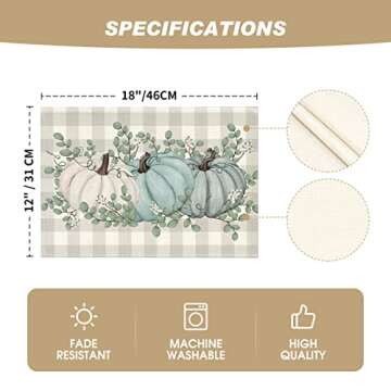 Artoid Mode Pumpkins Eucalyptus Leaves Fall Placemats Set of 4, 12x18 Inch Autumn Thanksgiving Harvest Vintage Table Mat for Party Dining Decoration