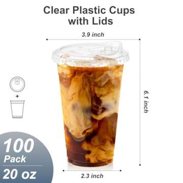 Dealusy 100 Pack - 20 oz Clear Plastic Cups with Lids, Sturdy & Food Safe Iced Coffee Cups with lids...