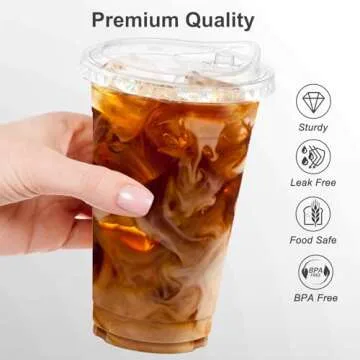 Dealusy 100 Pack - 20 oz Clear Plastic Cups with Lids, Sturdy & Food Safe Iced Coffee Cups with lids, Iced Coffee Cup, Disposable Cups Plastic Coffee Cups Smoothie Cups for Cold Drinks, Sip Lids