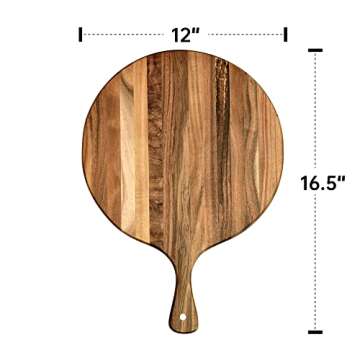 KITEISCAT Acacia Wood Round cutting board with handle 16” x 12”– Round Pizza Paddle & Cutting Serving Board for Home Baking, Cheese, Fruits, Vegetables, Bread, Charcuterie