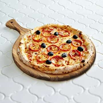 KITEISCAT Acacia Wood Round cutting board with handle 16” x 12”– Round Pizza Paddle & Cutting Serving Board for Home Baking, Cheese, Fruits, Vegetables, Bread, Charcuterie
