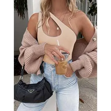 REORIA Women's Sexy One Shoulder Cutout Front Bodysuit for Parties and Casual Wear
