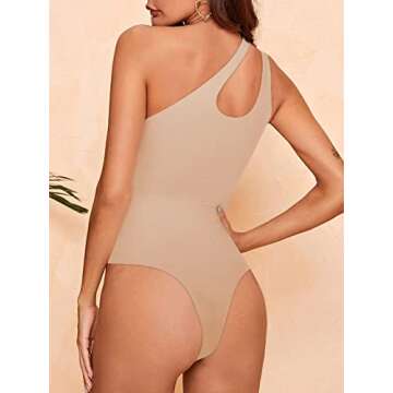 REORIA Women's Summer Sexy One Shoulder Cutout Front Sleeveless One Piece Tank Tops Backless Thong Bodysuits Leotards for Going Out Nude Small