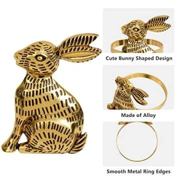Easter Bunny Napkin Rings Set of 6 Gold Metal Rabbit Napkin Ring Holders for Easter Party Banquet Dinner Spring Table Decoration