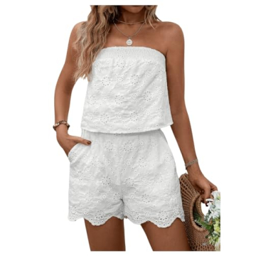 BEAUDRM Women's 2 Piece Outfits Eyelet Embroidery Strapless Sleeveless Bandeau Crop Top Tube and Shorts Sets Summer Suit White Small