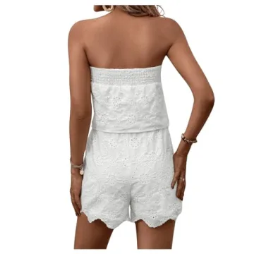 BEAUDRM Women's 2 Piece Outfits Eyelet Embroidery Strapless Sleeveless Bandeau Crop Top Tube and Shorts Sets Summer Suit White Small