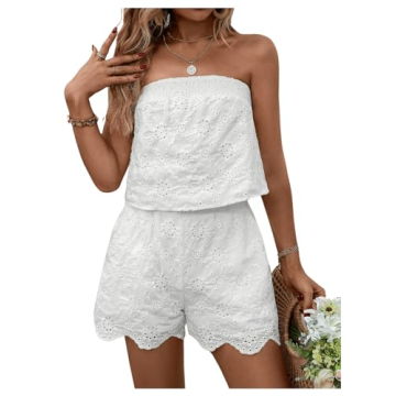 BEAUDRM Women's 2 Piece Outfits Eyelet Embroidery Strapless Sleeveless Bandeau Crop Top Tube and Shorts Sets Summer Suit White Small